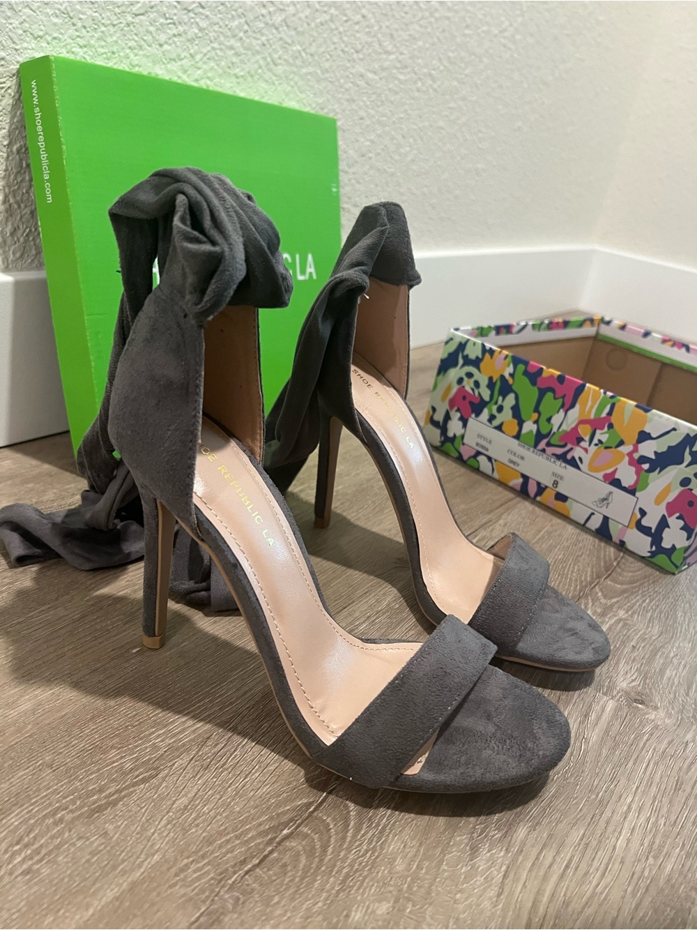 Shoe Republic LA Grey Suede Ankle Tie Stiletto Heels